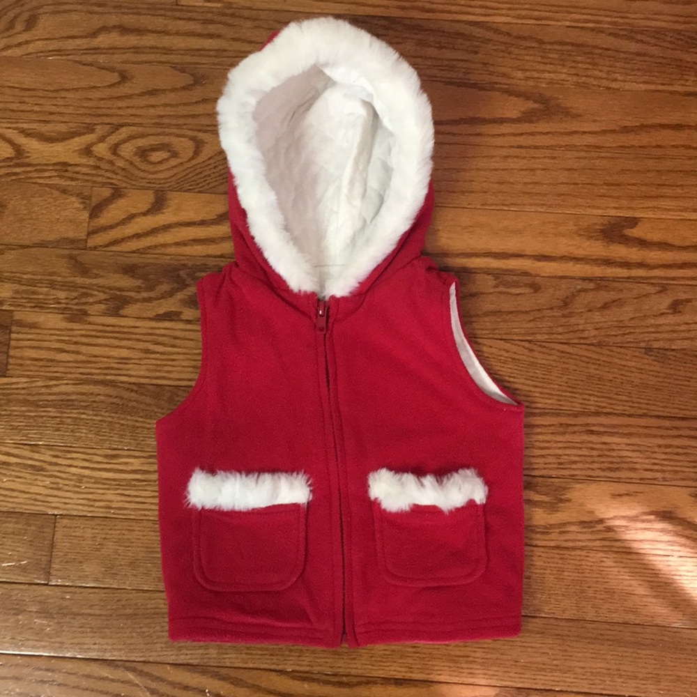 Red hooded fleece vest w/white trim size 2T-3T